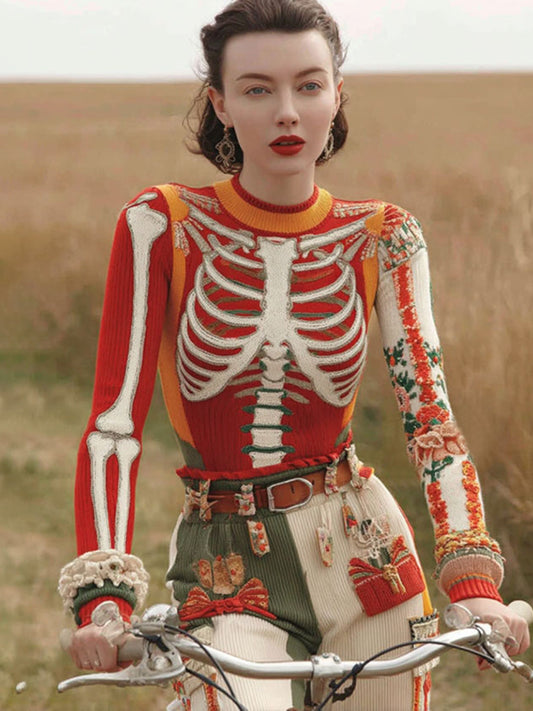 Women's Vintage Skeleton Art Cozy Ugly Sweater