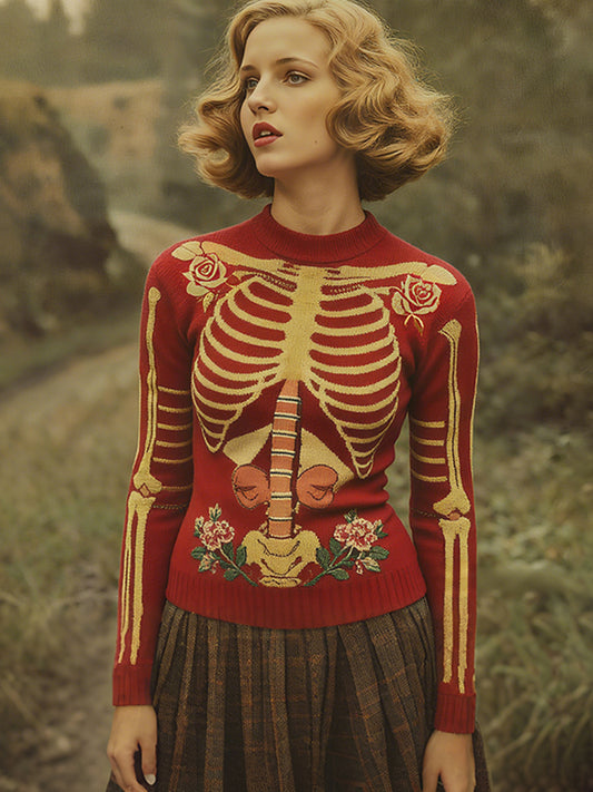 Vintage Halloween Anatomy Art Rose Jacquard Knitted Sweater