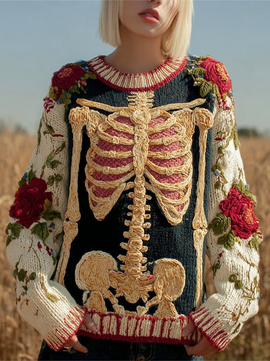 Halloween Human Skeleton & Floral Embroidery Women's Knit Sweater