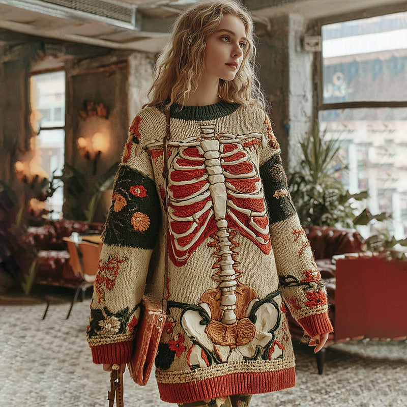 Classic Halloween Skeleton Bones With Floral Art Chunky Knitted Sweater Dress