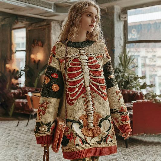 Classic Halloween Skeleton Bones With Floral Art Chunky Knitted Sweater Dress
