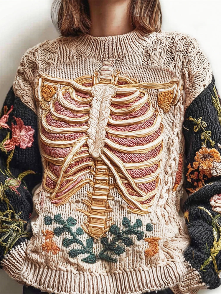 Vintage Anatomy & Floral Art Women's Knit Crew Neck Sweater