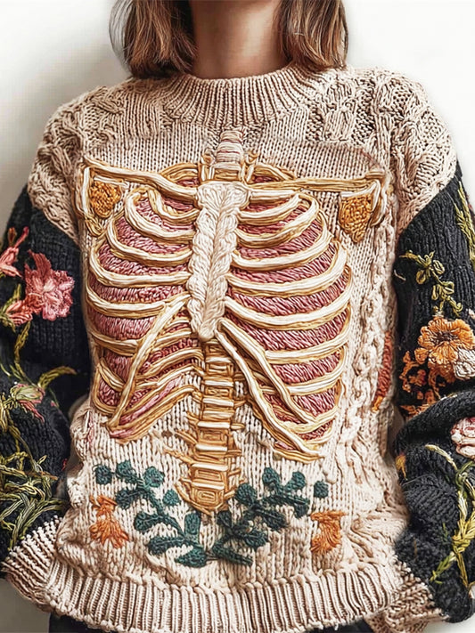 Vintage Anatomy & Floral Art Women's Knit Crew Neck Sweater