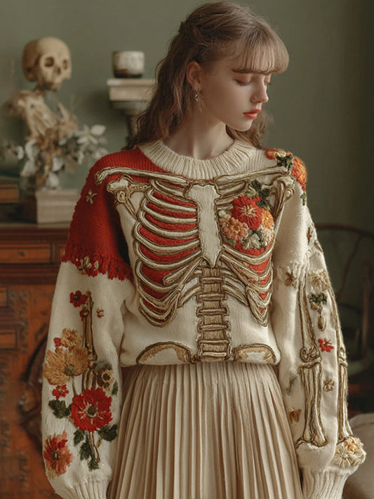 Women's Skeleton & Floral Embroidery Art Color Block Cozy Sweater