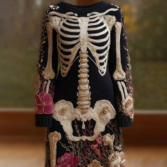 Women's Halloween Warm Tone Skull Rose Embroidered Dress
