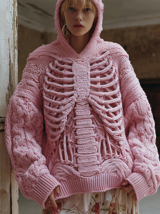Vintage Halloween Skeleton Bones Art Chunky Knitted Hooded Sweater