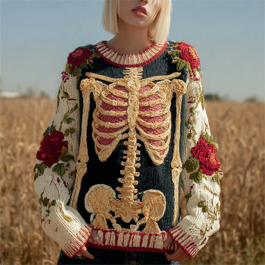Halloween Human Skeleton & Floral Embroidery Women's Knit Sweater