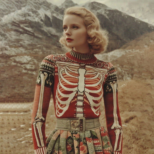 Women's Vintage Skeleton Art Cozy High Neck Ugly Sweater