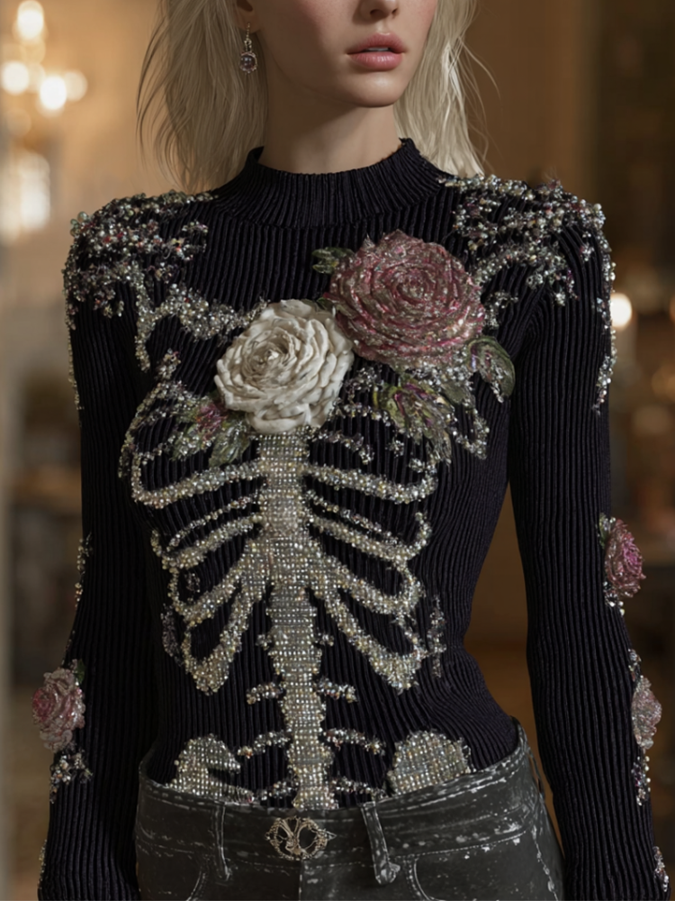 Halloween Human Anatomy Style Bone Pattern And Flower Pattern Combined Design Women's Round Neck Knit Sweater