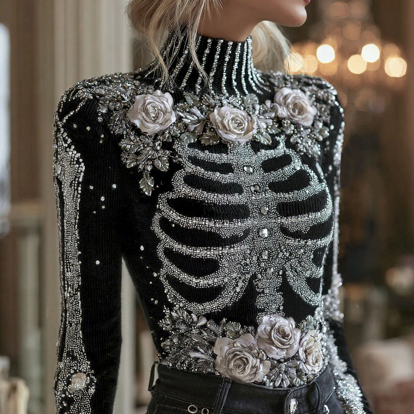 Women's Halloween Bloody Floral & Skeleton Art Turtleneck Slim Sweater