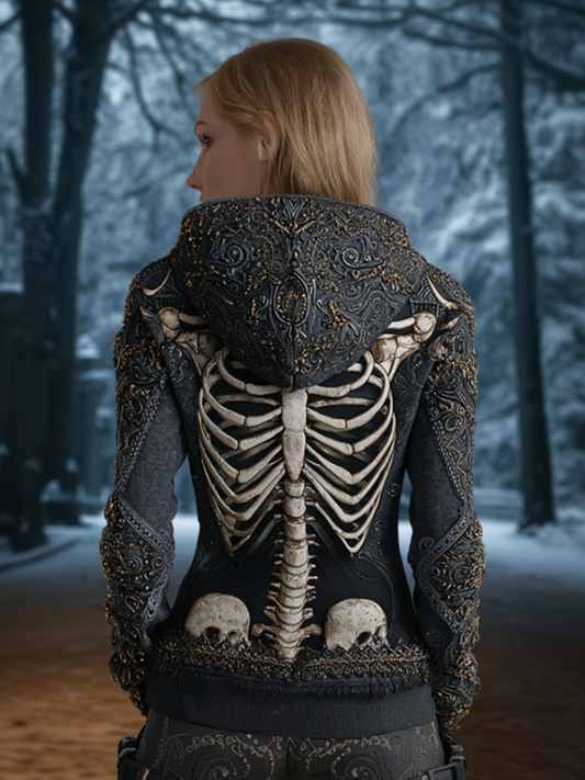 Halloween Skeleton Bone Design Women's Hooded Sweatshirt Jacket