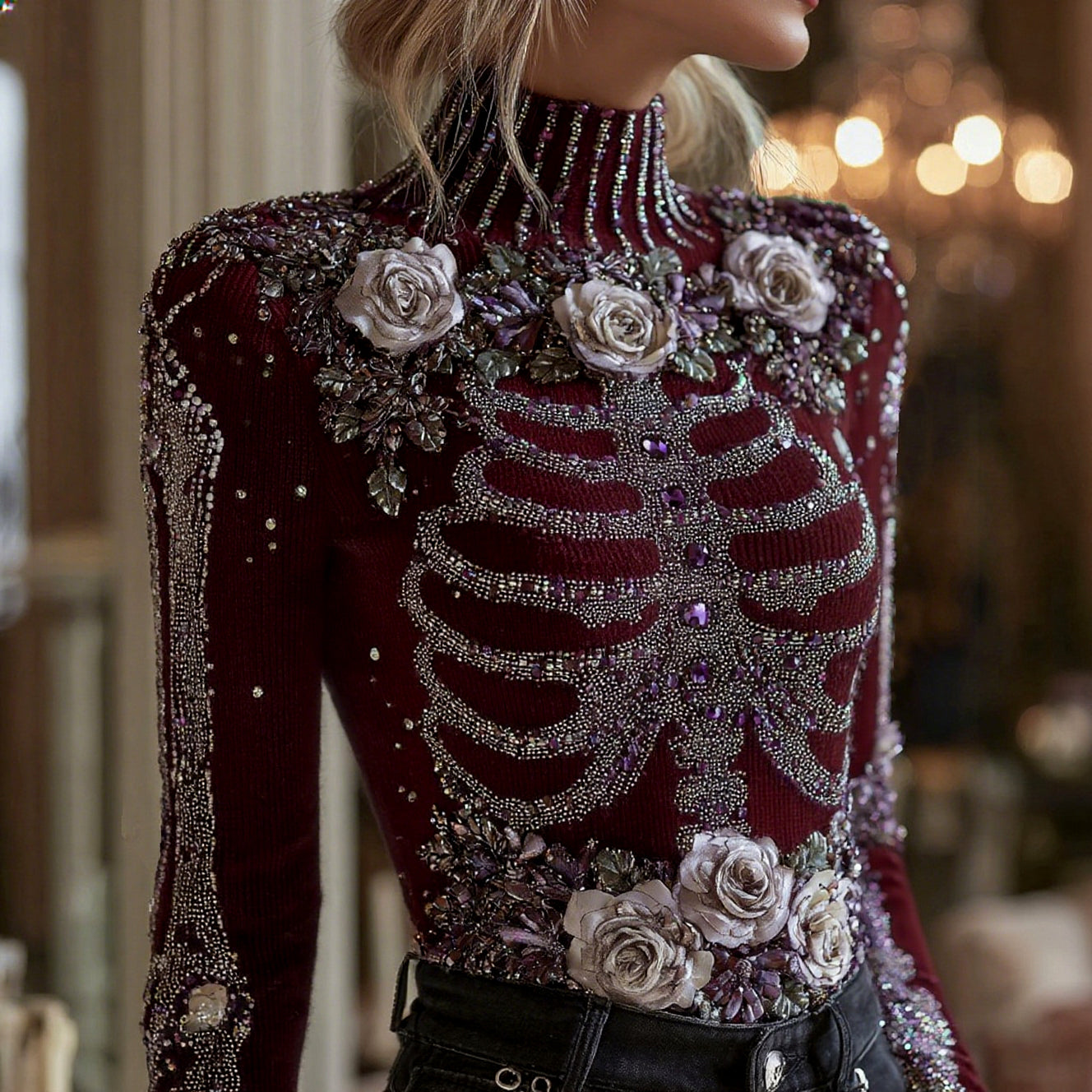 Women's Halloween Bloody Floral & Skeleton Art Turtleneck Slim Sweater