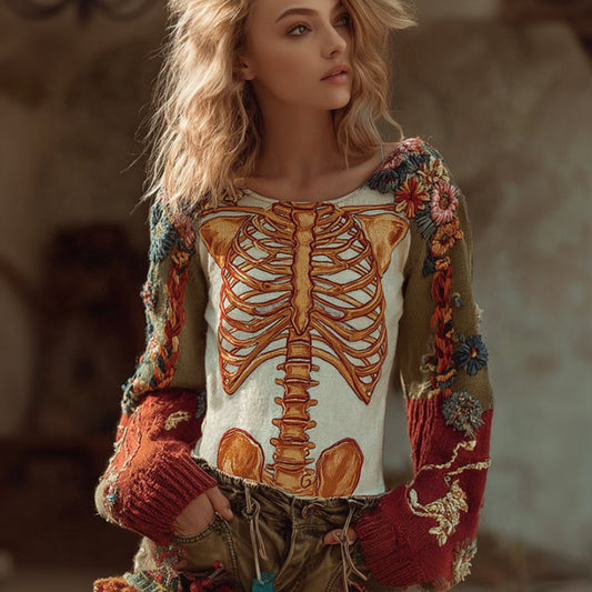 Halloween Anatomy Art And Flower Colored Round Neck Sweater