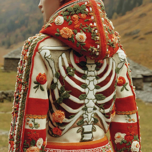 Vintage Halloween Skeleton Floral Knitted Hooded Sweater