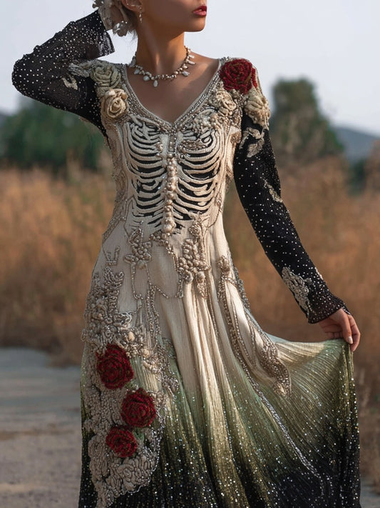Vintage Skeleton Roses Glitter Gradient Flowy Maxi Dress