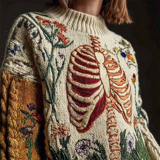 Vintage Anatomy & Floral Embroidery Women's Knit Crew Neck Sweater