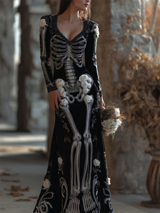 Vintage Skeleton White Roses Cozy Velvet Maxi Dress