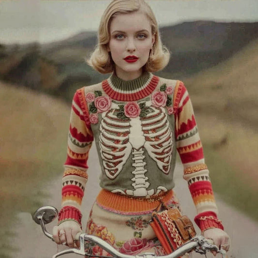 Vintage Halloween Skeleton Bones With Pink Rose Art Chunky Knitted Sweater