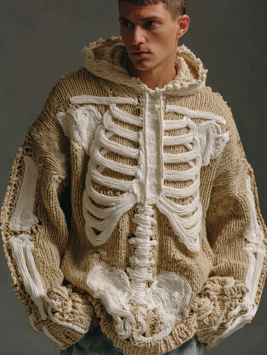 Men's Vintage Skeleton Crochet Cozy Hooded Sweater