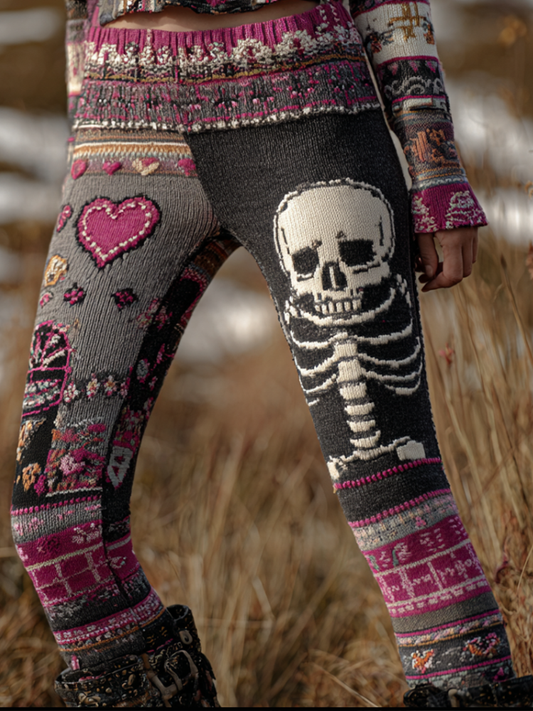 Halloween Skeleton And Heart Pattern Women's Knitted Wool Leggings